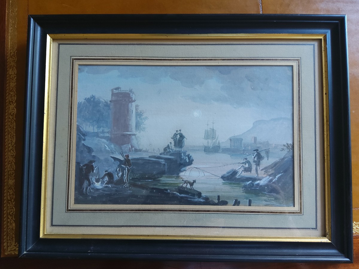 Gouache Italienne Scène De Port Vers 1800